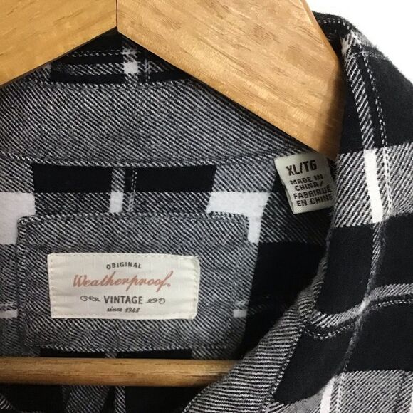 VINTAGE Weatherproof 100% cotton XL flannel plaid button down shirt black white - Picture 3 of 14